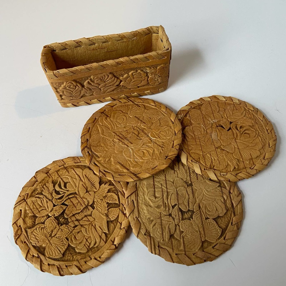 4 Bark Coasters in Case Laced Stamped Roses Butterflies
